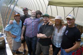 Head chef Mike Frank of Melos (second from left) with l-r, Long Phan of Nevarre, David Cloutier sous-chef at Chez Lucien, Jesse Godard of Chez Lucien and David Reed from Fat Tuesdays with Allaine Nordin and Tom Waller of Elm Tree Farm near Arden